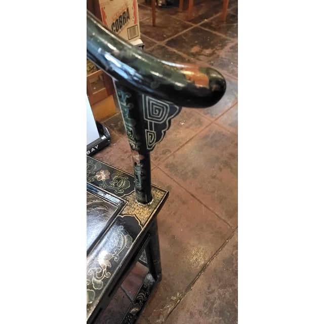 Chinese Horseshoe Chairs Black Lacquer Hand Painted Pair For Sale - Image 12 of 13