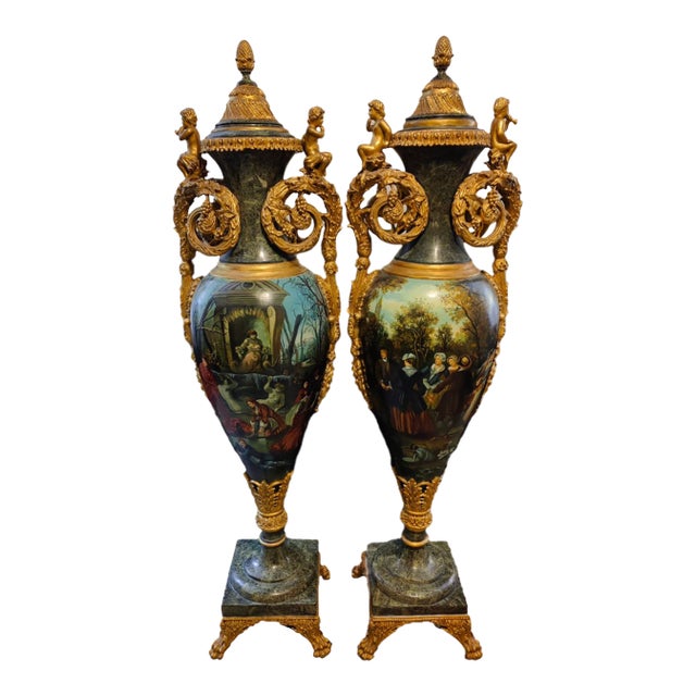 Pair of Early 20th Century Italian Hand Painted Green Marble Floor Urns For Sale