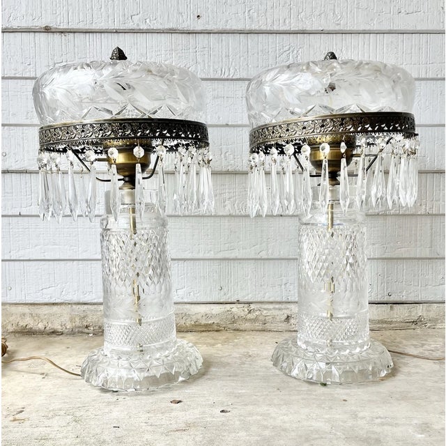 Large Vintage American Brilliant Cut Flower Crystal Mushroom Parlor Lamps 21” Good vintage condition. No major chips or...
