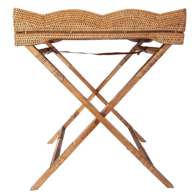 Artifacts Rattan Scallop Design Butler Tray with Wooden Legs, Honey Brown For Sale - Image 4 of 5