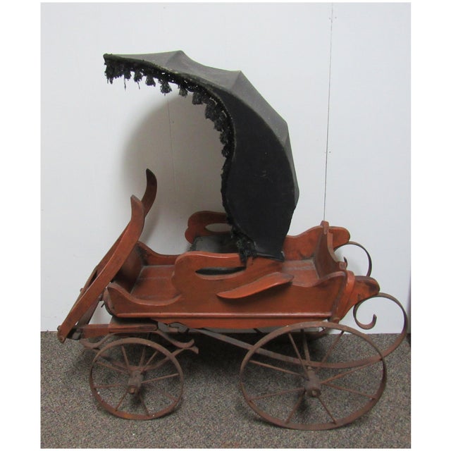 1990s Antique English Goat Cart With Wooden Body, Metal Wheels & Black Canopy For Sale - Image 5 of 5
