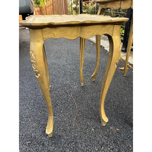 Vintage Italian Gilt Painted Wood Nesting Tables With Etched Floral Tops, Set of 2 | Made in Italy For Sale - Image 11 of 15