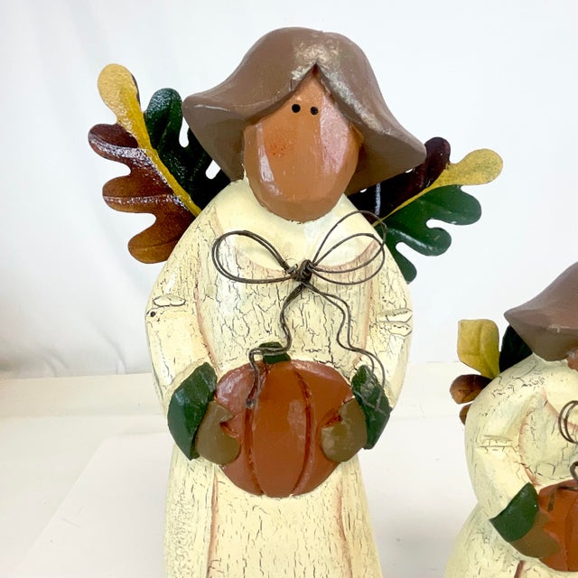 1980s Vintage Americana Fall Harvest Wood & Tole Angel Figurines - Set of 3, Thanksgiving. For Sale - Image 4 of 8