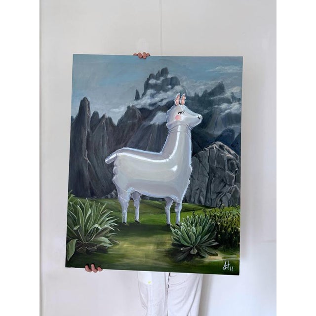 Early 21st Century Sofía Cristina Jiménez, Silver Inflatable Llama in an Andean Mountain Landscape, Acrylic Painting, 2025 For Sale - Image 5 of 10