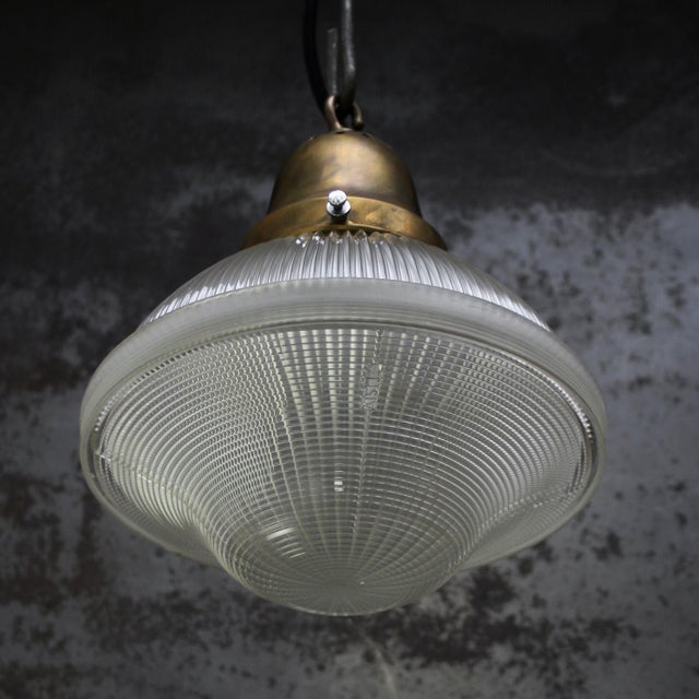 Metal Vintage Industrial Glass Brass Pendant Light from Holophane, Usa For Sale - Image 7 of 8