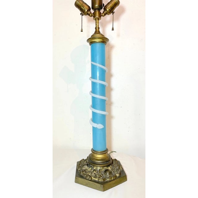 Italian 1920s Large Quality Antique Gilt Bronze Hand Blown Blue Glass Italy Murano Table Lamp For Sale - Image 3 of 10