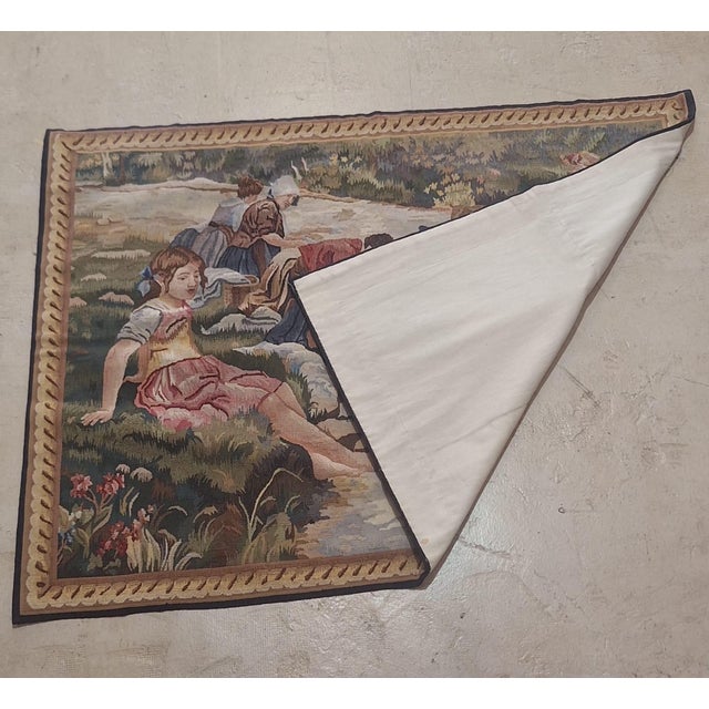 Vintage Handmade Chinese Pastoral Figural Tapestry Wall Hanging, 36" X 47" For Sale - Image 10 of 10