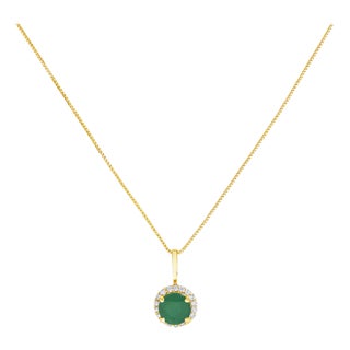 10K Yellow Gold Green Emerald and 1/10 Cttw Diamond Accent Halo Pendant Necklace For Sale