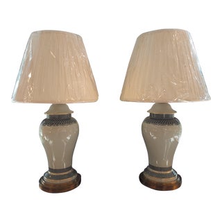 Pair of Vintage Celedon Ginger Jar Lamps With New Silk Pleated Shades For Sale