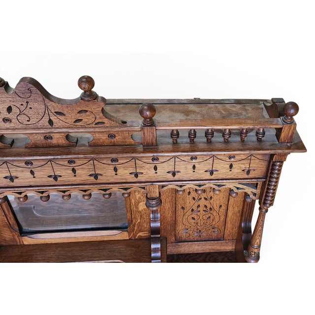 Antique Victorian Revival Quartered Oak Stick & Ball Hanging Shelf, 1890 For Sale - Image 10 of 11