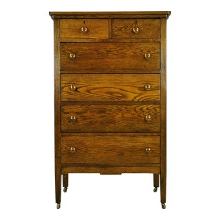 Restored Vintage Oak Bedroom Highboy Dresser on Casters For Sale