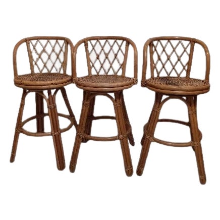 1980s Bamboo Wicker Rattan Swivel Barstool Honey Color Set of 3 For Sale
