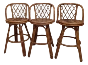 1980s Bamboo Wicker Rattan Swivel Barstool Honey Color Set of 3