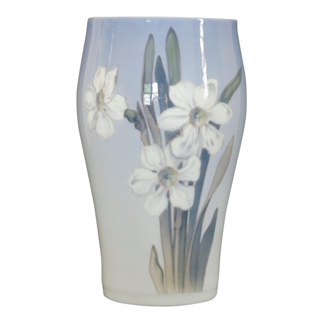 1950's Vintage Royal Copenhagen "White Narcissus" Hand Painted Porcelain Vase For Sale