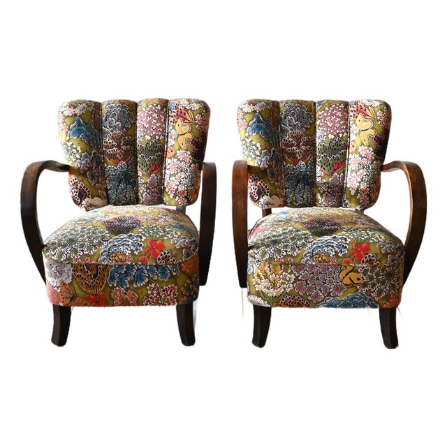 Petite Jindrich Halabala Armchairs in Pierre Frey Le Soleil Pour Temoin For Sale
