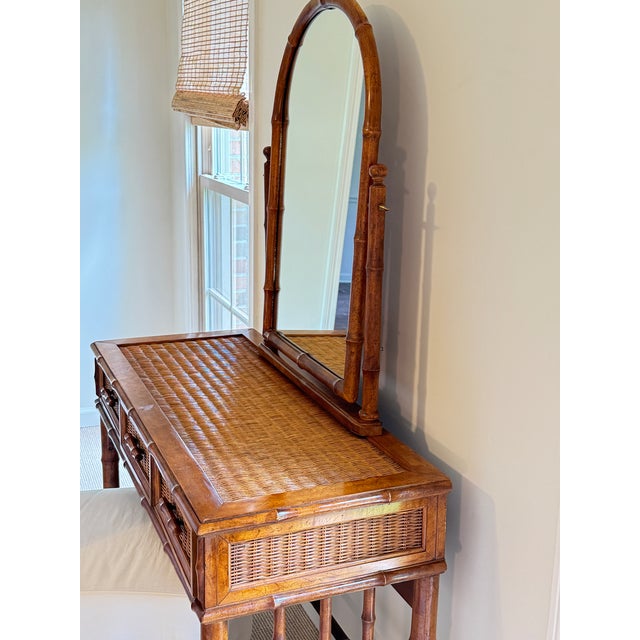 American of Martinsville Vintage Coastal Faux Bamboo Rattan Vanity Desk Console With Detachable Mirror For Sale - Image 16 of 17