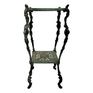 Vintage Figural Leg Verdigris Two Tier Plant Stand For Sale
