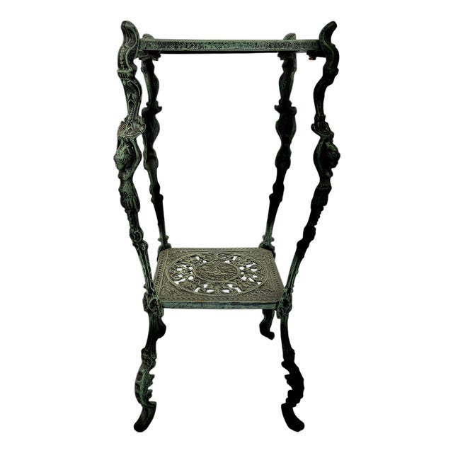 Vintage Figural Leg Verdigris Two Tier Plant Stand For Sale