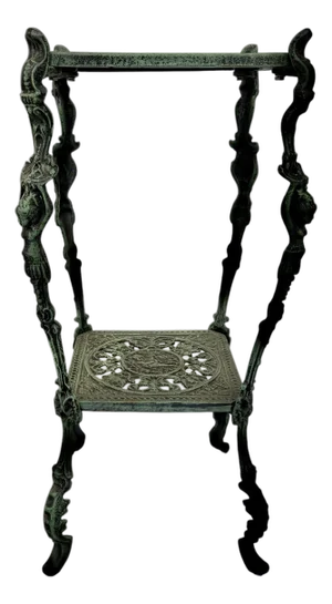 Vintage Figural Leg Verdigris Two Tier Plant Stand