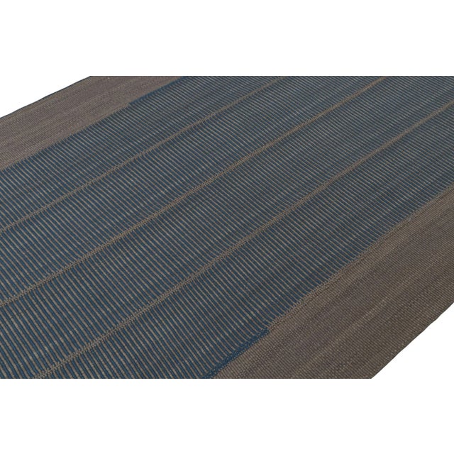 Rug & Kilim Rug & Kilim’s Contemporary Kilim in Blue and Gray With Stripes & Brown Accents For Sale - Image 4 of 6