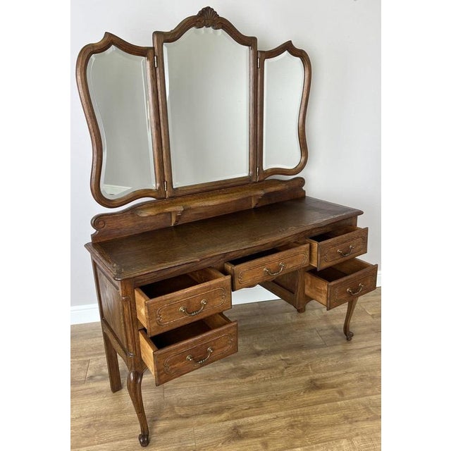 Vintage French Oak Dressing Table with Mirror For Sale - Image 4 of 16