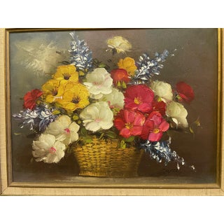 1960s Mid-Century Modern Impasto Floral Still Life in Basket – Signed m.i. Doyle For Sale