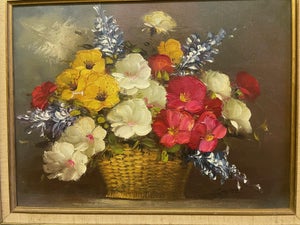 1960s Mid-Century Modern Impasto Floral Still Life in Basket – Signed m.i. Doyle
