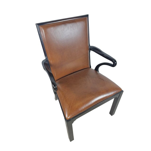Vintage Baker Furniture Brown Leather & Ebonized Wood Armchair For Sale In Philadelphia - Image 6 of 17