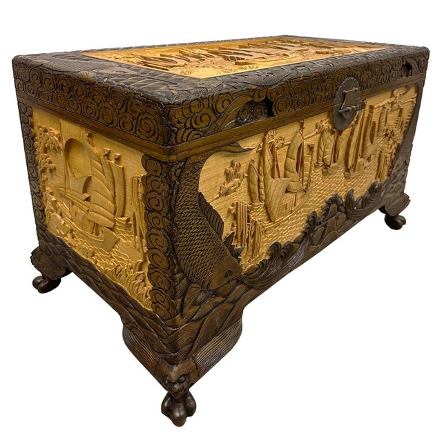 Early 20th Century Chinese Carved Camphor Wood Hope Chest For Sale - Image 9 of 16