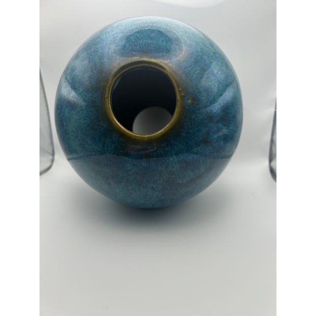 1960s Handmade Ceramic Blue Green Glazed Sphere Pottery Vase For Sale In San Francisco - Image 6 of 6