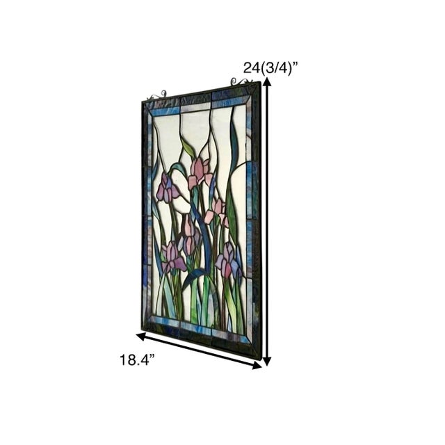 Art Nouveau Stained Glass Iris Floral Window Art Rectangular Panel Vintage Handmade Decor For Sale - Image 3 of 3