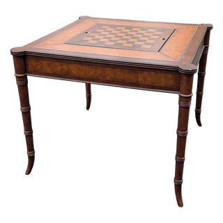 Mid 20th Century Ethan Allen Hollywood Regency Inlaid Leather Game Table With Cane-Cut Legs For Sale