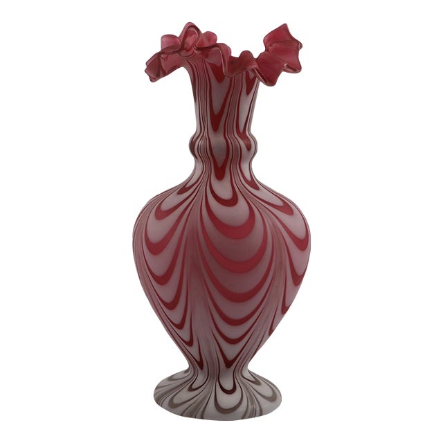 Cranberry & White Swirl Art Glass Vase With Ruffled Rim – Sculptural Decorative Piece For Sale