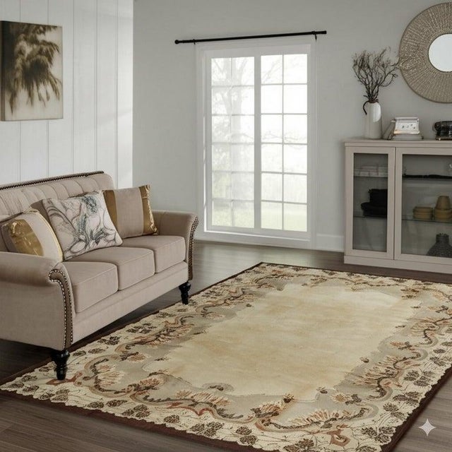9x12 Ivory Hand-Knotted Wool Floral Border Solid Open Field Modern Carpet Rug For Sale In New York - Image 6 of 6
