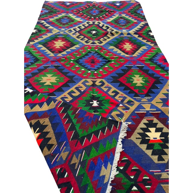 The Story & Heritage: This magnificent, handwoven vintage flatweave textile art originates from the Denizli region,...