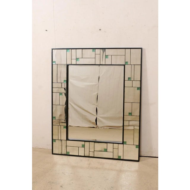 American Vintage Mirror With Geometric Mirror Border and Green Colored Accents For Sale - Image 3 of 11