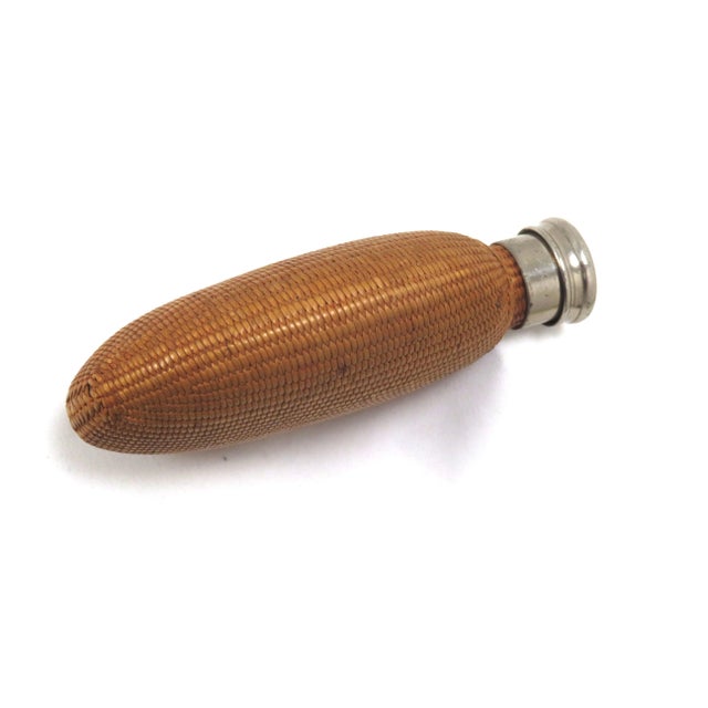 Antique Early 1900s Hand Woven Basket on Glass "Pumpkin Seed" Whiskey Hip Flask For Sale - Image 11 of 13