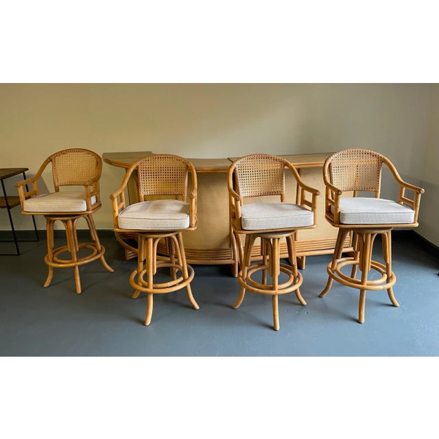 Vintage Mid-Century Modern Bamboo and Grasscloth Bar and 4 Bar Stools -very comfortable seating!! -excellent condition...