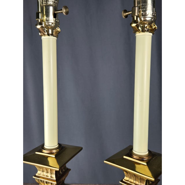 Pair Stiffel Brass Column Faux Candlestick Table Buffet Lamps For Sale - Image 9 of 17