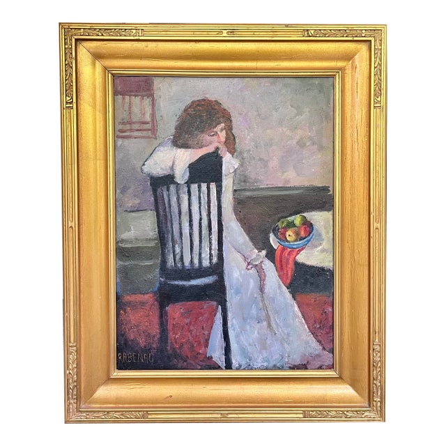 Vintage Figural Interior Scene Oil Painting For Sale