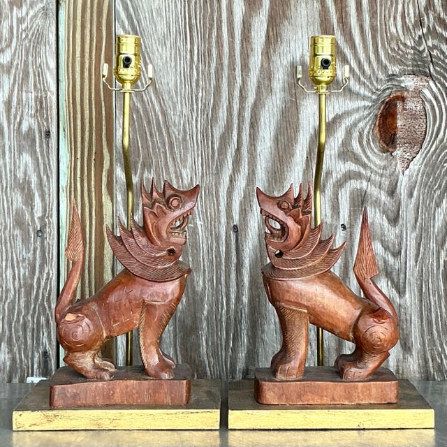 Vintage Boho Carved Wood Lion Lamps - a Pair For Sale - Image 4 of 7