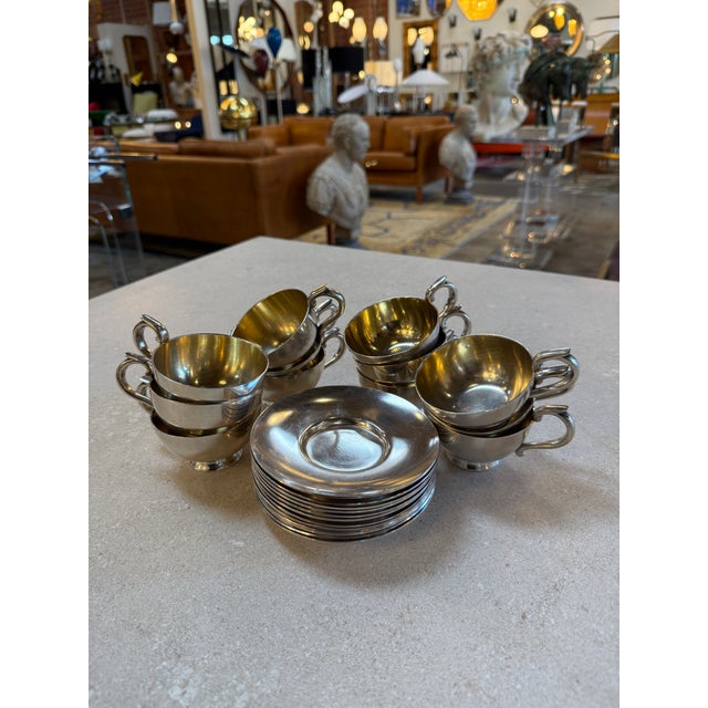 Italian Silver-Plate Tea Cup and Saucer Set, 12 Pieces, Mid-Century For Sale - Image 16 of 17