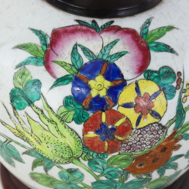 Antique Famille Rose Porcelain Vase Lamp With Finger Citron Buddha’s Hand and Pomegranate Motif For Sale - Image 10 of 13