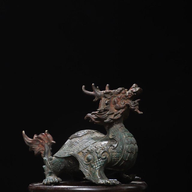 This is an exquisite antique gilt bronze sculpture of a Dragon Turtle, a mythical creature revered in traditional Asian...