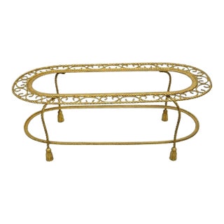 Mid 20th Century Italian Hollywood Regency Gold Gilt Iron Oval 2 Tier Rope Tassel Coffee Table For Sale