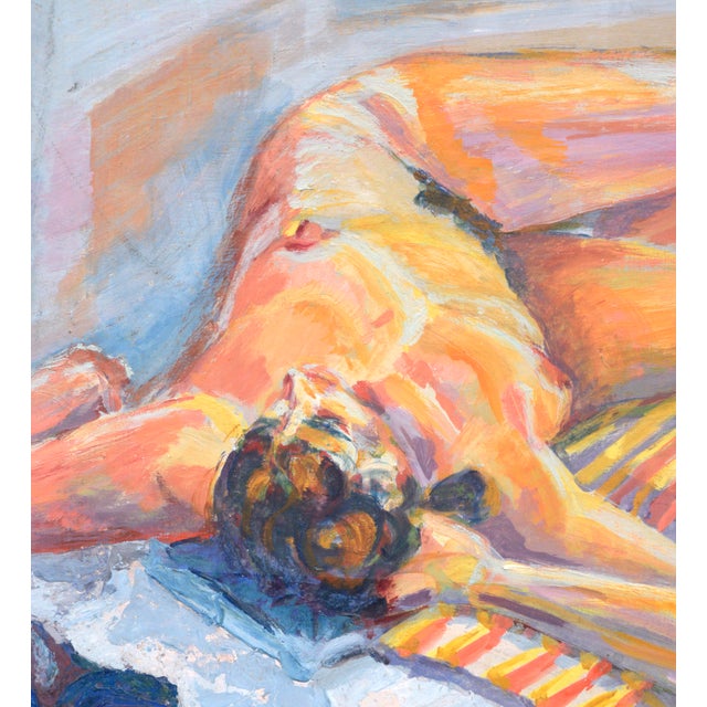 Modernist reclining female nude figurative painting by an unknown artist (American, 20th Century). This vivid late 20th-...