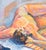 Modernist reclining female nude figurative painting by an unknown artist (American, 20th Century). This vivid late 20th-...