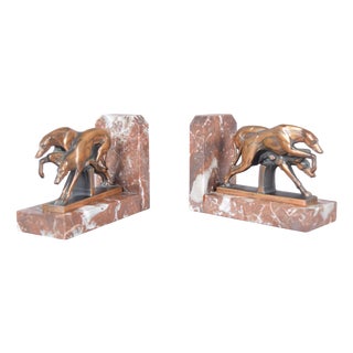 Art Deco Greyhound Bookends in Bronze-Finished Metal on Red Marble, 1930s, Set of 2 For Sale