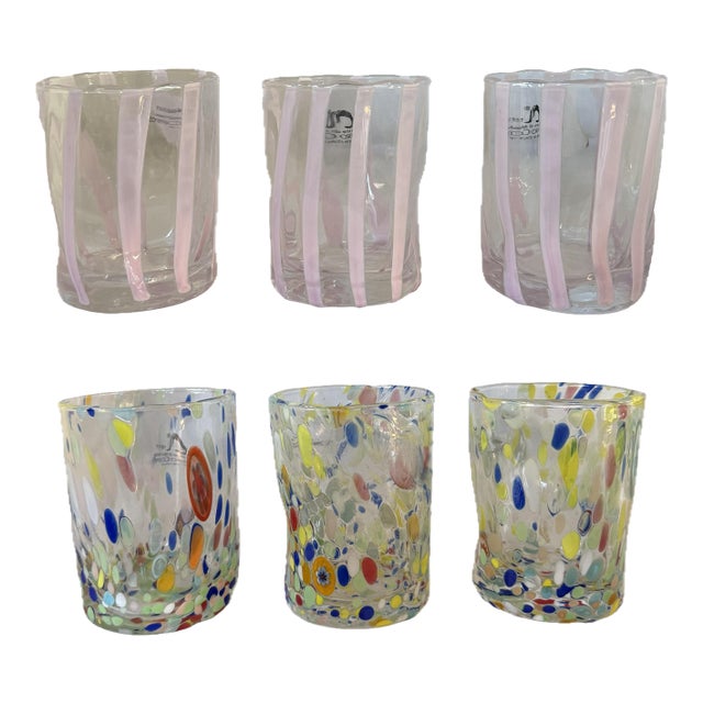 Attributed to Murano Glasswear Set by Alessandro Coppola Made in Italy Mix and Match Set of 6 Tumblers For Sale