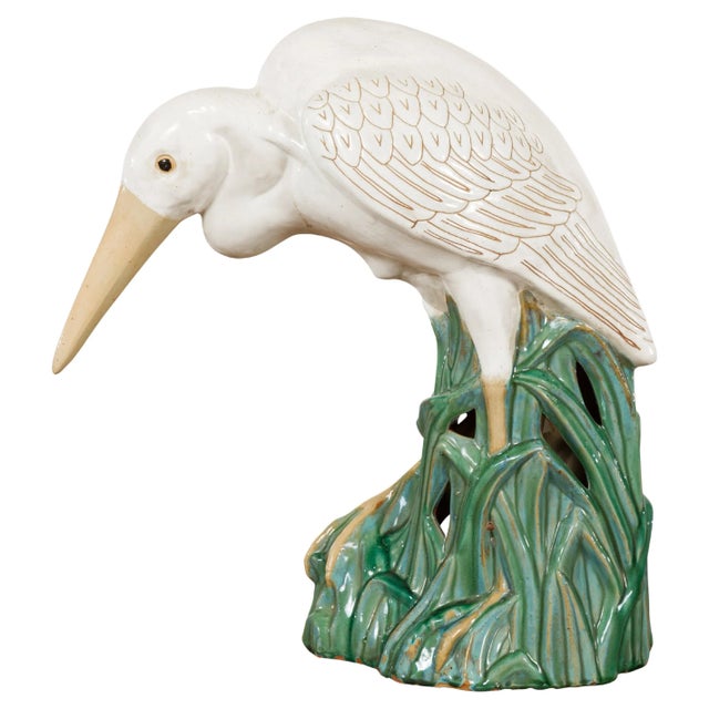Vintage White and Cream Glazed Ceramic Heron Bird Sculpture For Sale - Image 13 of 13